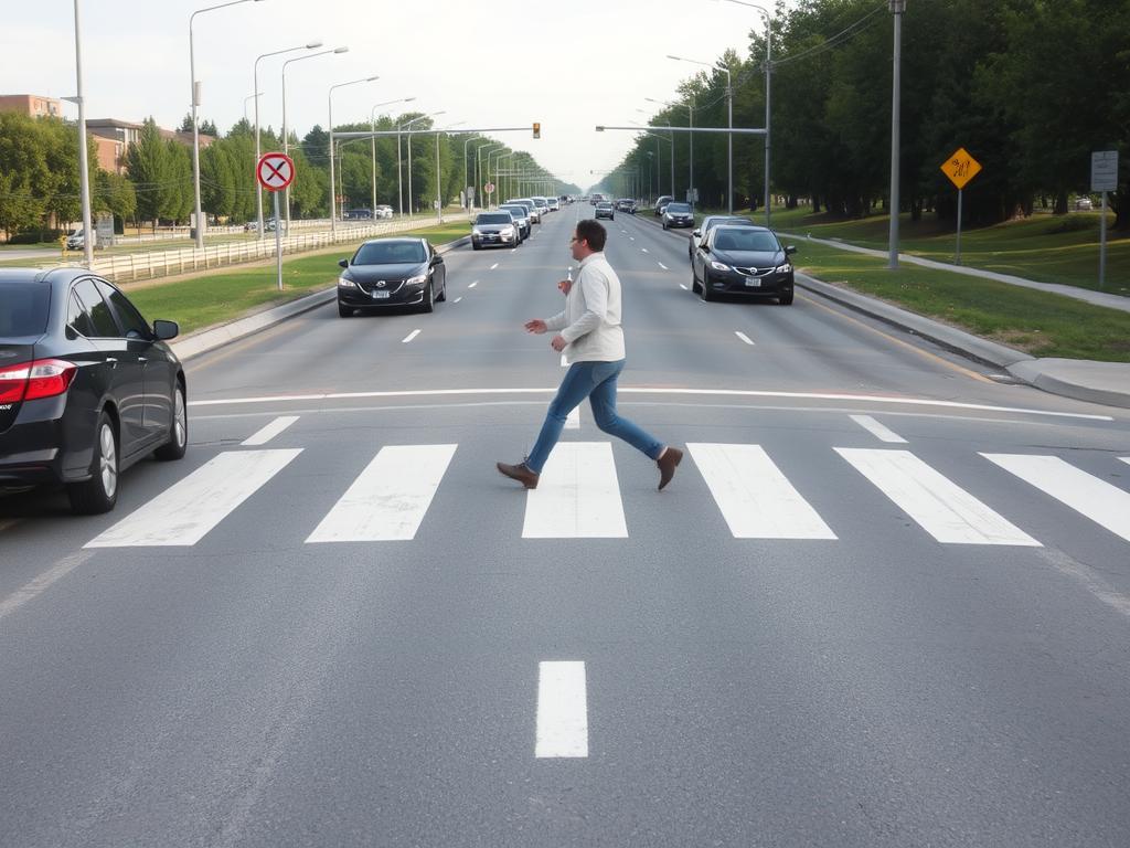 شخص يعبر الطريق بشكل خطير من مكان غير مخصص للعبور مما يوضح تحديات العبور الآمن