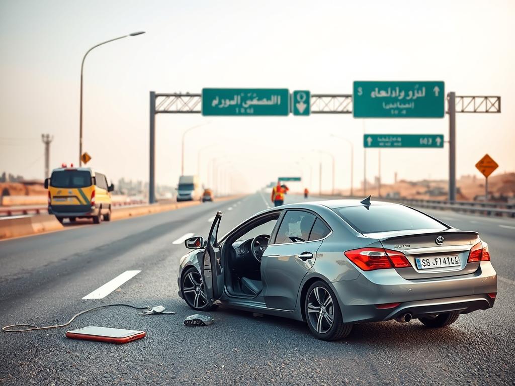 صورة توضيحية لحادث ناتج عن استخدام الهاتف أثناء القيادة كأحد التحديات اليومية في السلامة المرورية صورة توضيحية لحادث ناتج عن استخدام الهاتف أثناء القيادة كأحد التحديات اليومية في السلامة المرورية