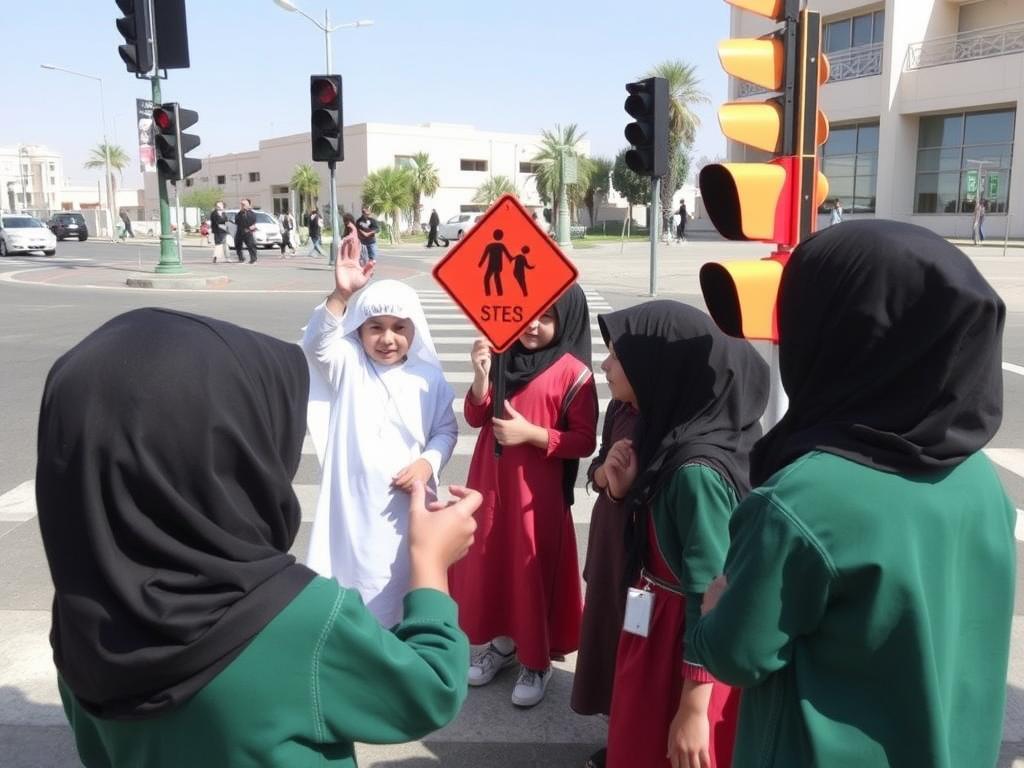 طلاب مدارس يشاركون في حملة العبور الآمن التوعوية في السعودية